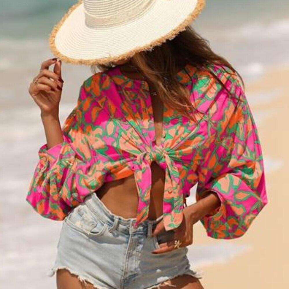 Women’s Boho Floral Loose Blouse – Lantern Sleeve Flowy Spring Summer Top